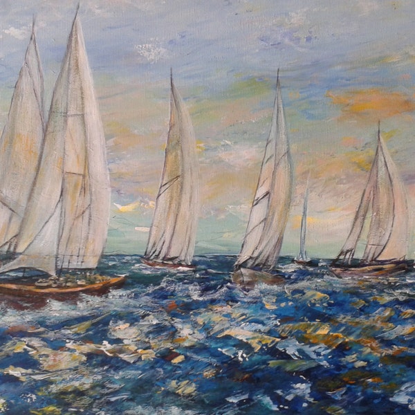 Peinture régates sur océan-acrylique sur toile-art de voiliers-marine-peinture de bateaux-peinture de mer-décor d intérieur-féte des Péres