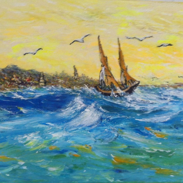 Tableau jour de péche à l aube-acrylique sur toile-art coloré de paysage marine-peinture de mer bateaux-cadeau intérieur bureau