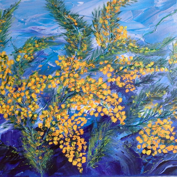 Tableau fleurs mimosas peinture jaune acrylique sur toile-branches mimosas du jardin-ornement fleurs Mediterannee-cadeau art féte des Mères