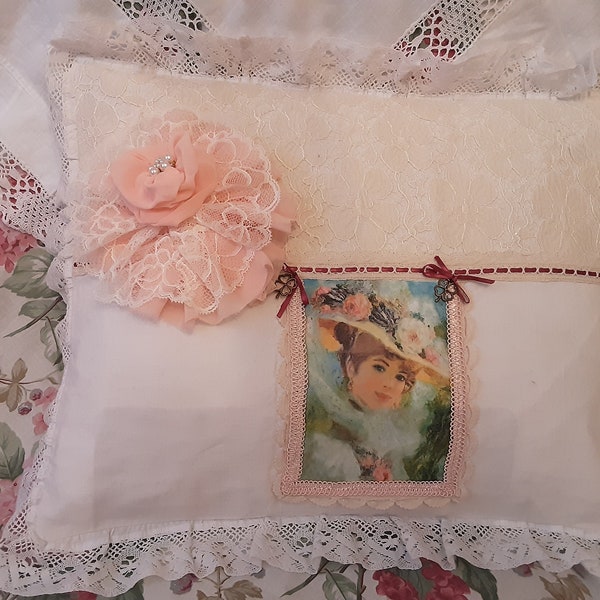 Housse coussin lin Shabby transfert romantique belle dentelle recyclée rare-coussin Victorien linge ancien-couverture boudoir-cadeau Maman