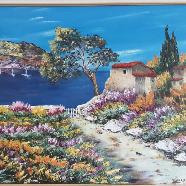 Tableau paysage Méditérranée huile sur toile tendue-art plage cotiére-marine Provence-décor de mer-peinture floral Provence-féte des Méres