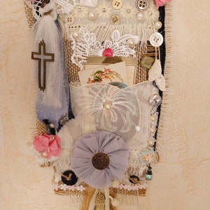 Organisateur poche à trésor cartes-art textile mural Shabby romantic esprit Victorien-jornal miteux pacotille Ooak fait main féte des Méres