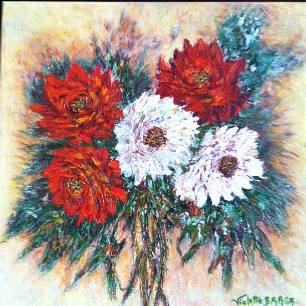 Tableau fleurs peinture crylique sur toile 3D-art semi-abstrait-fleurs empatées-art fleurs du jardin-art floral-cadeau décor chambre Maman