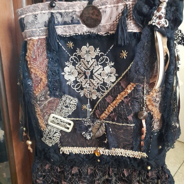 Sac boho dentelle Shabby festival Ooak-grand sac noir chic lambeau fait main unique-sac romantic éphémère porté épaule-cadeau chic femme