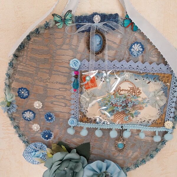 Supension romantique dentelle bleue Shabby esprit attrape-rèves-dreamcatcher vintage recyclé pour décor intérieur