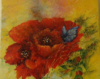 Painting field flowers acrylic painting on canvas landscape butterfly poppy-figurative art poppys wall-floral art gift Mother's Day