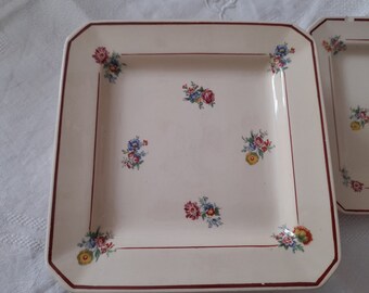 Rare square dessert plates Terre de Salins-7 vintage plates 1940s-table decor-kitchen farmhouse art-used-estimated-1fel-