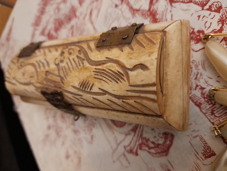 Vintage Jewelry Box Carved Bone and Brass Importedring Boxhandmade