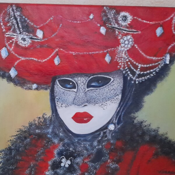 Carnaval Venise peinture huile sur toile-art portrait tableau romantique-art costume carnaval rouge noir décor chambre-cadeau féte des Méres