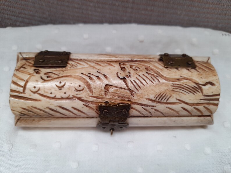 Vintage Jewelry Box Carved Bone and Brass Importedring Boxhandmade