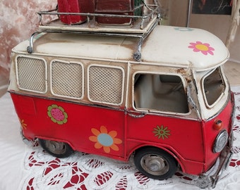 Féte des Péres Maquette artisanal superbe camping car VW vintage-mini bus  voyage surf plage hippie Californie rouge-décor bureau pour lui