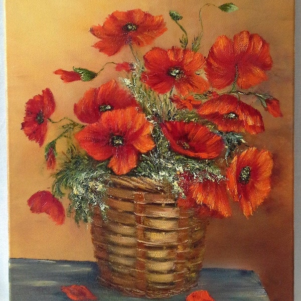 Peinture coquelicot original huile sur toile-art coquelicotdeschamps-nature morte panier fleurs rouges-cadeau tableau poppys-impressionnisme