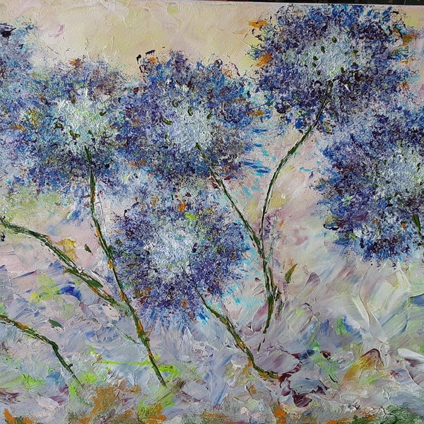 Tableau fleurs bleues-peinture acrylique sur toile-art moderne de fleursbleues-agapanthes du jardin-décor floral salon-art de féte des Méres