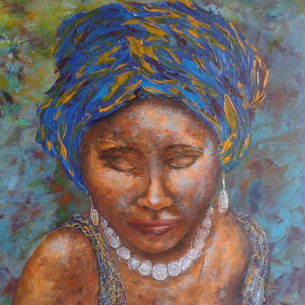 Tableau femme ethnique peinture acrylique sur toile tendue-art mural portrait femme métissée coutume Afrique-cadeau fête des Mères