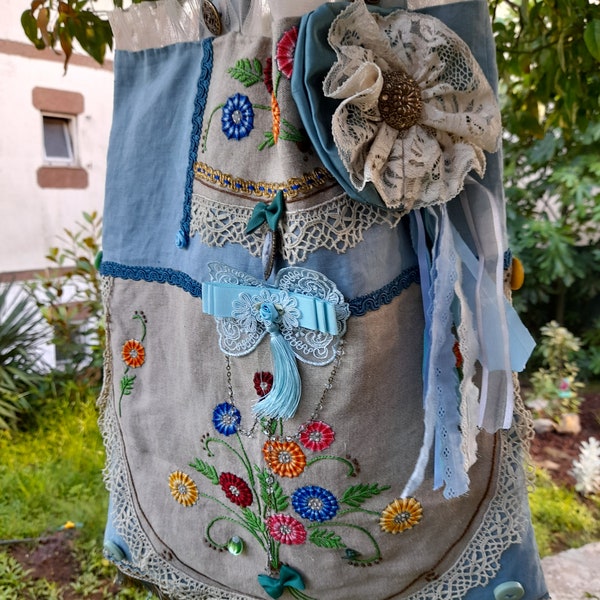 Sac boho Shabby pur lin bleu beige pacotille minable recyclé Ooak-sac mariage hippie festival brodé main motif araignée-féte des Mères