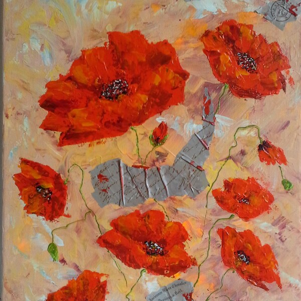 Vendu-Lalie-tableau de coquelicots-acrylique sur toile 3D-ornement mural-art de pavots-méthodes mixtes-mur art coquelicot-cadeau crémaillére