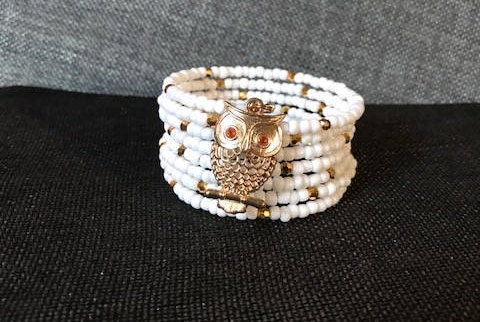 Owl White and Gold Seed Bead Bracelet