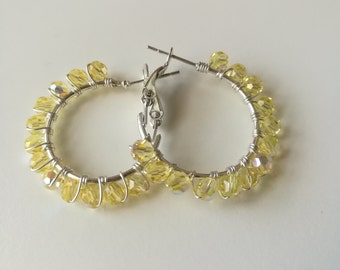 Jonquil Yellow Swarovski Crystal on Silver Plated Hoops