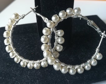 Swarovski White Pearl Earrings on Silver Plated Hoops