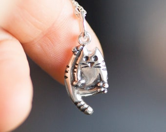 Handmade sterling silver cat pendant necklace, cat jewelry, cat lover gift