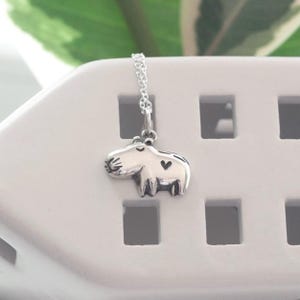 Tiny Sterling Silver Capybara Necklace, Cute Animal Pendant with Heart Engraving, Dainty Capybara Jewelry, Capybara Lover Gift, Gift for Her