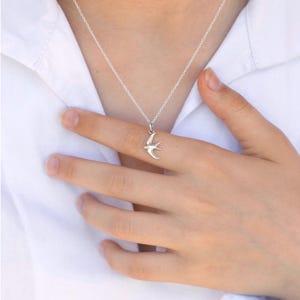 Può includere: Collana con ciondolo a forma di uccello color argento. L'uccello è in volo, con le ali spiegate. La collana è su una catena sottile. Lo sfondo è una camicia bianca.