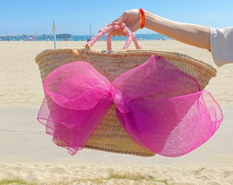 Blonde Woven Beach Bag Pink Bow