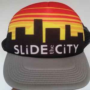 Slide the City Penguin Trucker SKATER Snap Back Hat Cap Black Yellow Orange Vintage Rare Retro Skater Hat Trucker Cap Mesh Snap Back Hats
