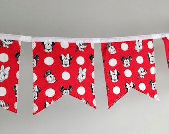 12 Banderas Guirnalda de Doble Cara Mickey, Minnie and Friends Algodón Orgánico de Calidad/12 Banderas Minnie, Micky Party Banner/Minnie Party Decoration