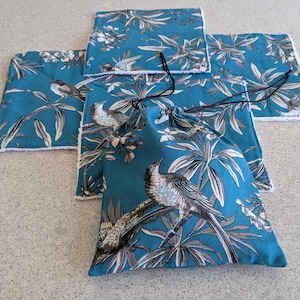 Reusable Cotton Kitchen Towels Set: Flower & Bird Print with Produce Bag