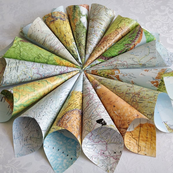 Set of 10 or More Empty Atlas Map Cones for Confetti, Petals, Flowers, Rice/Travel Theme Wedding or Party Empty Cones