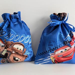 Set of 2 Organic Cotton Drawstring Disney Cars Pattern Reusable Bags/Drawstring Gift Bags