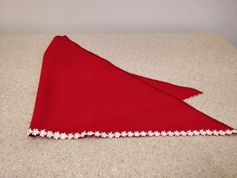 Romanian Red Triangle KerchiefTriangle Head ScarfRomanian Bandanna Head CoverRomanian Triangle Head ScarfRed Bandanna with White Lace