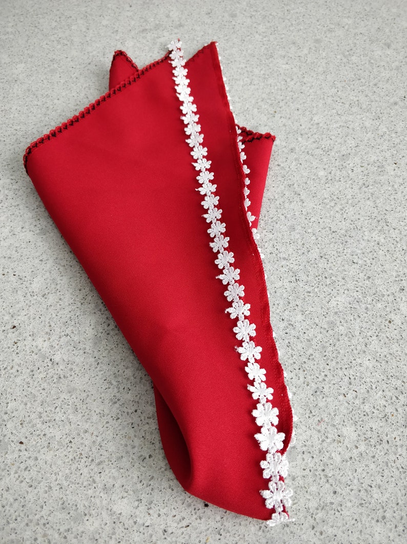 Romanian Red Triangle KerchiefTriangle Head ScarfRomanian Bandanna Head CoverRomanian Triangle Head ScarfRed Bandanna with White Lace