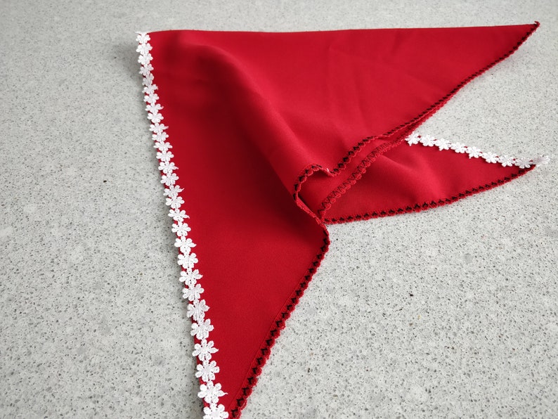 Romanian Red Triangle KerchiefTriangle Head ScarfRomanian Bandanna Head CoverRomanian Triangle Head ScarfRed Bandanna with White Lace
