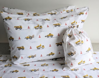 Set of 2 Organic Construction Cars Cotton Pillow Cases in Assorted Bag/20" x 30" Standard Pillow Cases Construction Cars Pattern in Gift Bag