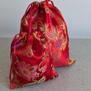 Embroidered Red Chinese Silk Gift Bag: Gold & Purple Flowers