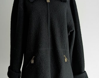 Black Boiled Wool Jacket with Trim/Medium Size Boiled Wool Jacket/ Felted Wool Jacket