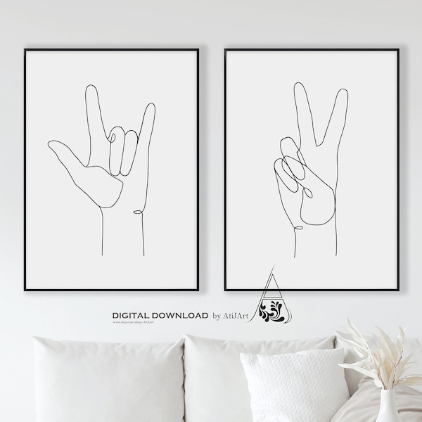 Set Of 2 Peace and Love print,Peace Hand Gesture printable Line art,Black White Hand artwork,Love Hand Line Printable ,One Single Line print
