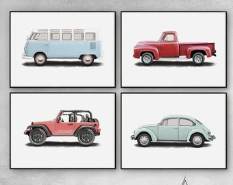 Set of 4  Vehicle Art, Kids Gallery Wall Set,Classic Cars Print, Vintage Car Print, Printable Bedroom Wall Art ,Transportation Art Nursery