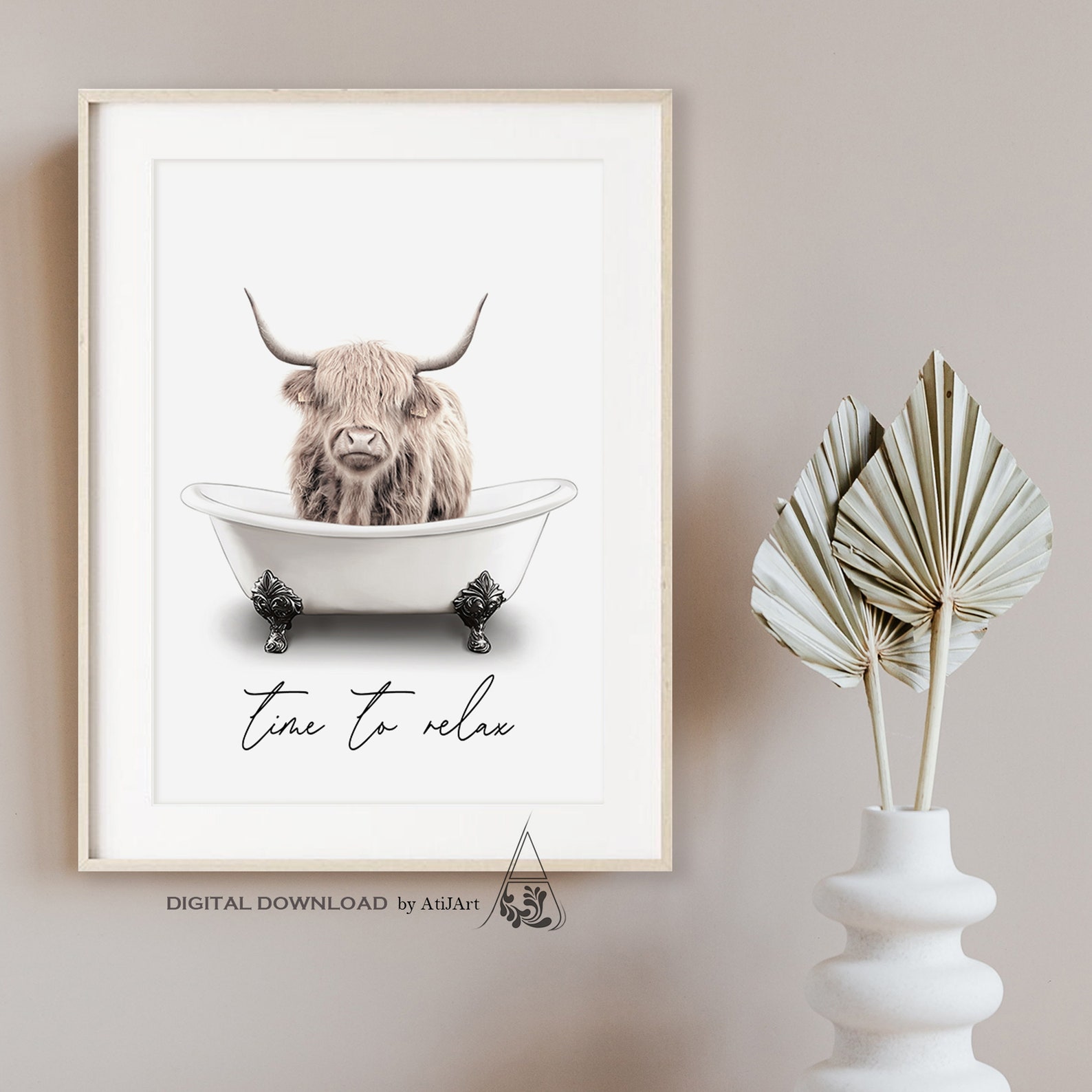 Bathtub Printable Art Highland Cow in a Bathtub Cow Taking a Etsy