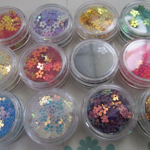 May include: Twelve small jars filled with iridescent flower-shaped glitter. The jars are clear plastic and the glitter is in various colors, including red, pink, green, blue, purple, gold, and silver.
