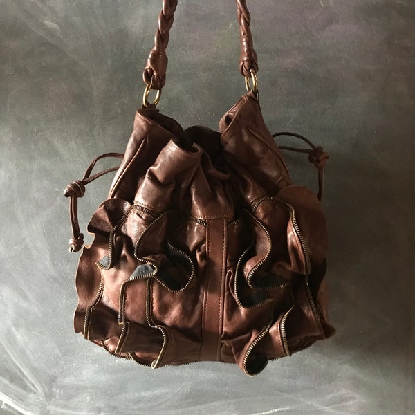 Brown Leather Draw String Shoulder Bag / Hobo Purse / Susan Farber Collection