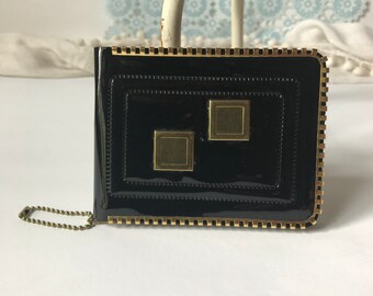 Mid Century Black Women's Wallet / Unique Vintage Shiny Black Vinyl Zippered Wallet