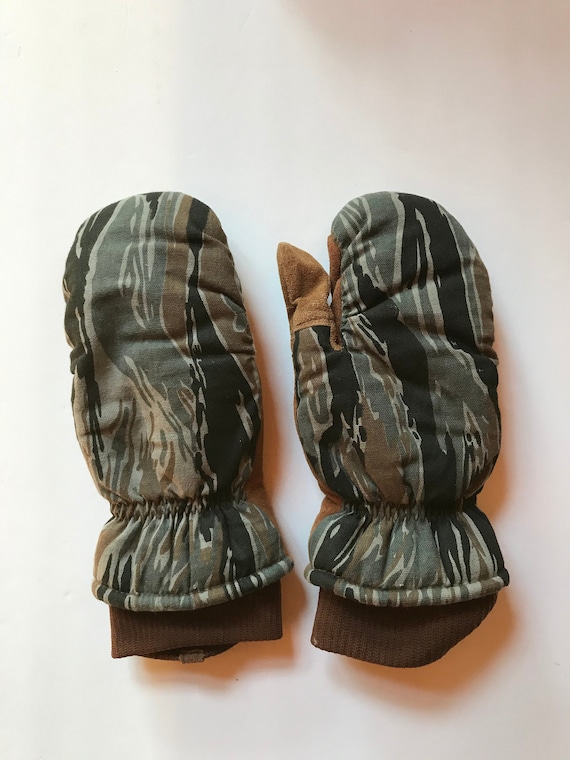 Vintage Camo Wells Lamont Leather Gloves / Mitten Style / Mens Medium Hunting Gloves