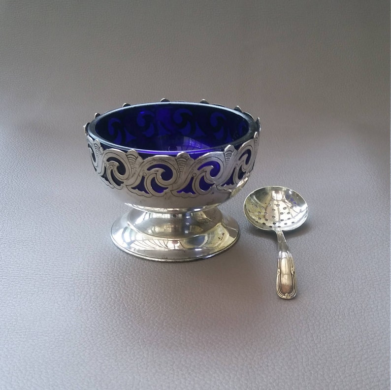 Sugar Bowl, Sifting Bowl, Sugar Sifter, EPNS, Engraved, Cobalt Blue