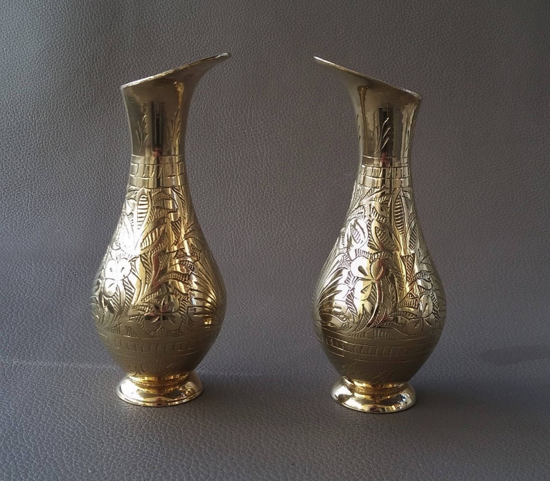 Pair Brass Vases Small Vases Engraved Rose Vases Brass Etsy