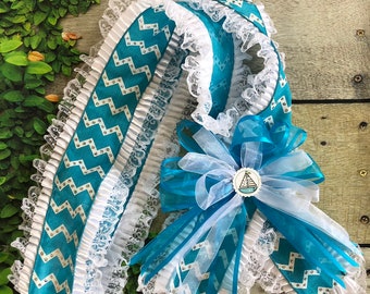 Handmade Turquoise baby shower sash with undetachable corsage pin- it's a boy sash- Blue mom to be sash- Maternity sash- Nautical baby sash