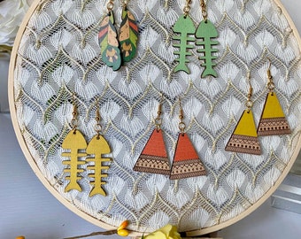 Handmade Wooden earrings- natural wood fish hook earrings- geometric triangle fish bone feathers wood earrings.