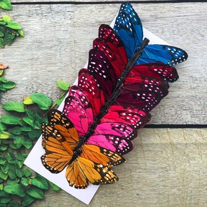 12 Large Feather Monarch Butterflies 5inch assorted colors - Artificial Feather butterflies- butterfly scrapbooking- Vibrant Monarch #5184